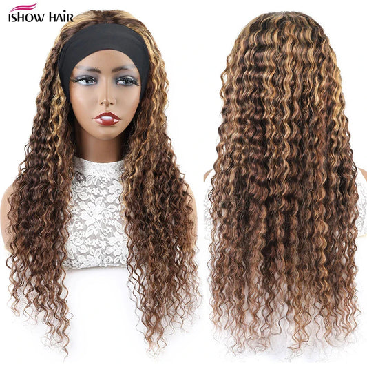Headband Wig P4/27 Highlight Human Hair 250 Density Deep Wave Curly Human Hair Wigs Honey Blonde Colored Full Machine Made Wig