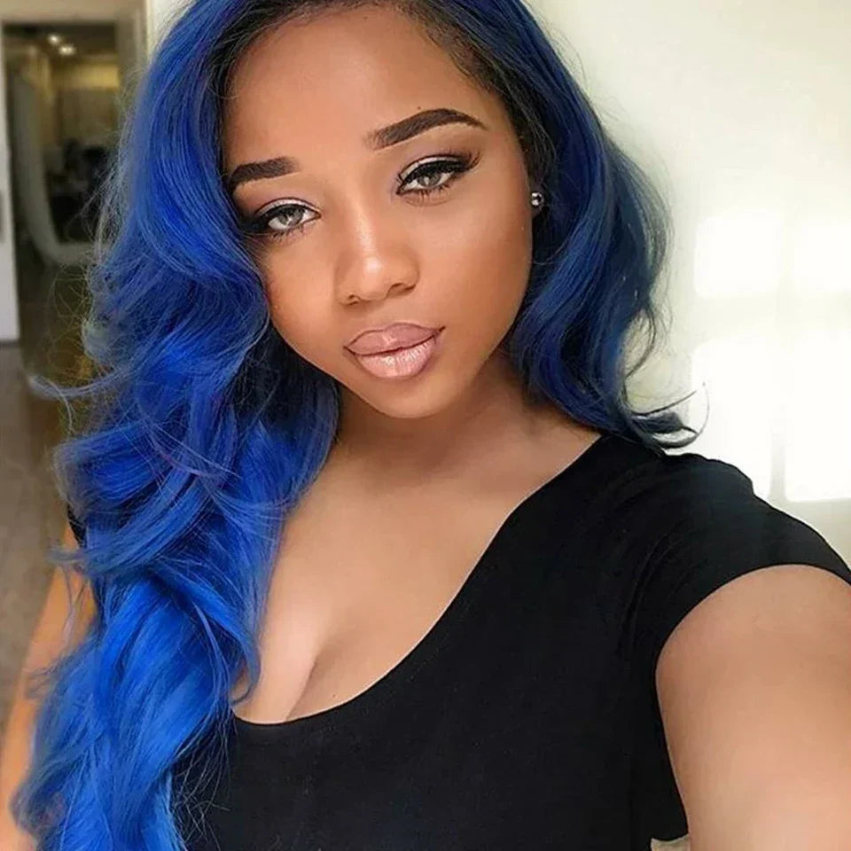 Ombre Blue Bundles With Frontal Pre Plucked Brazilian Body Wave 1B Blue Color Human Hair Weave 3 Bundles With 13x4 Lace Frontal